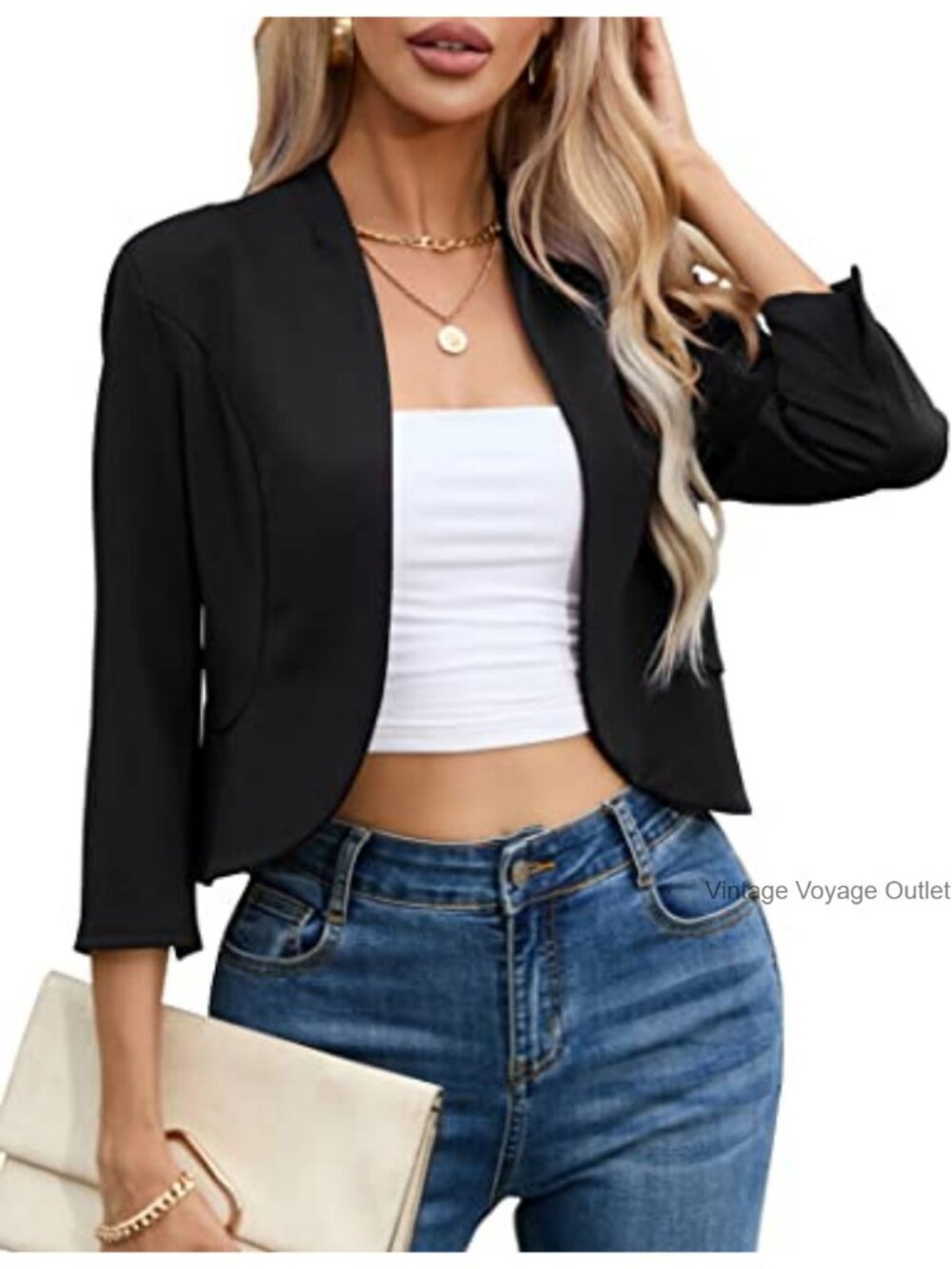 Cropped Blazer Women Casual Business 3/4 Sleeve